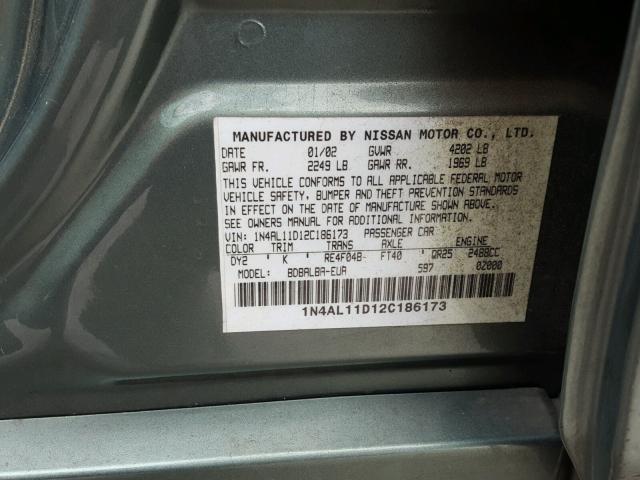 1N4AL11D12C186173 - 2002 NISSAN ALTIMA BAS GREEN photo 10