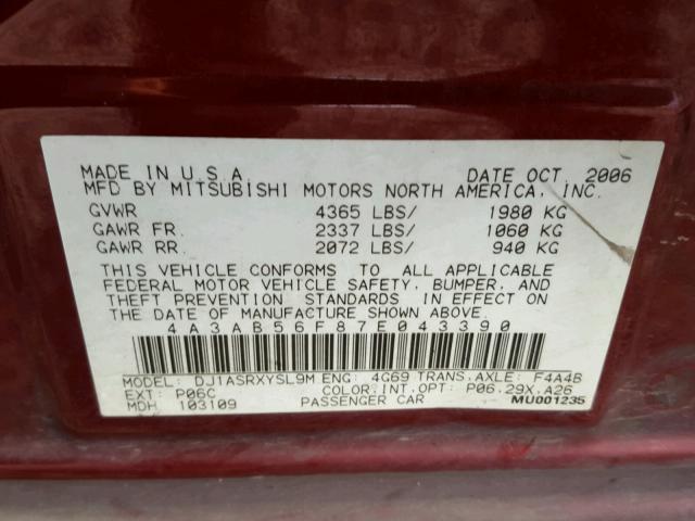 4A3AB56F87E043390 - 2007 MITSUBISHI GALANT ES MAROON photo 10