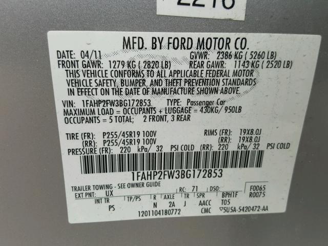 1FAHP2FW3BG172853 - 2011 FORD TAURUS LIM SILVER photo 10