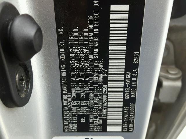 4T3BK11A39U012958 - 2009 TOYOTA VENZA BASE SILVER photo 10