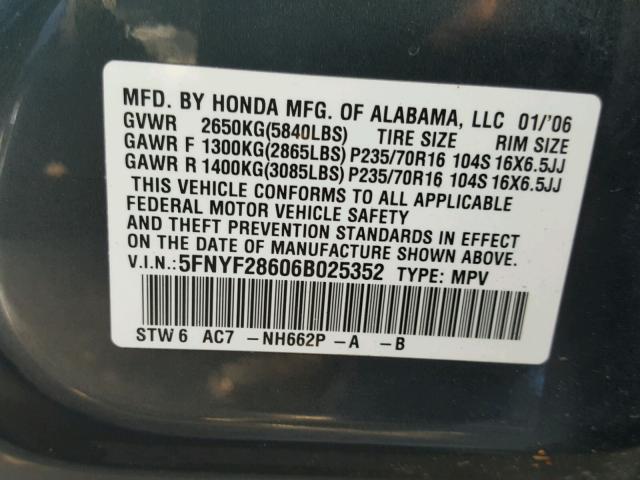 5FNYF28606B025352 - 2006 HONDA PILOT EX CHARCOAL photo 10