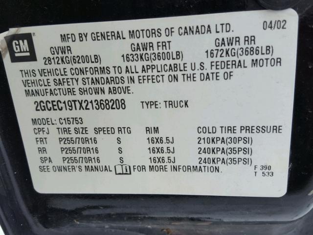 2GCEC19TX21368208 - 2002 CHEVROLET SILVERADO BLACK photo 10