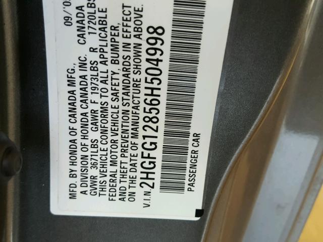 2HGFG12856H504998 - 2006 HONDA CIVIC EX ნაცრისფერი ფოტო 10