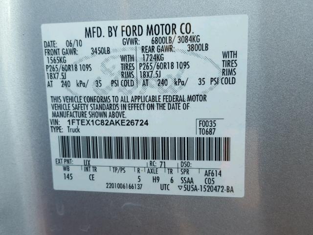 1FTEX1C82AKE26724 - 2010 FORD F150 SUPER SILVER photo 10