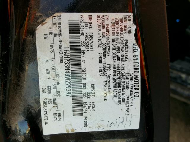 1FAHP33N48W229397 - 2008 FORD FOCUS SE BLACK photo 10