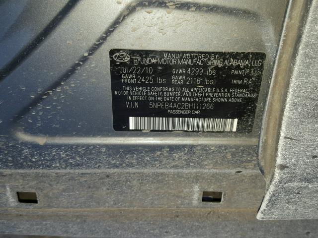 5NPEB4AC2BH111266 - 2011 HYUNDAI SONATA GLS GRAY photo 10