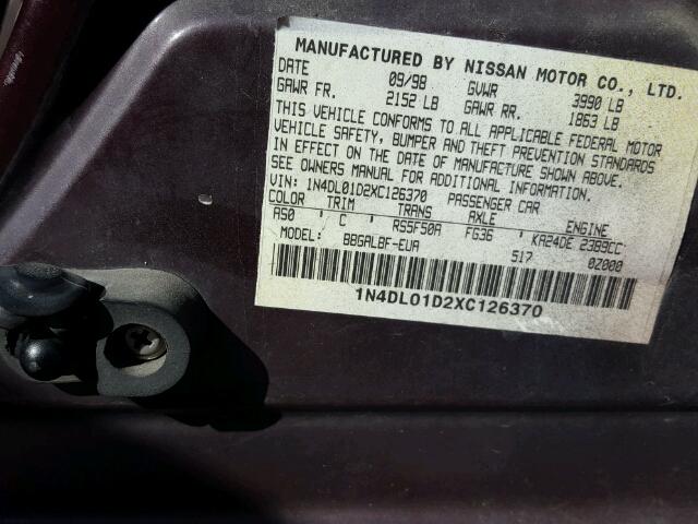 1N4DL01D2XC126370 - 1999 NISSAN ALTIMA XE BURGUNDY photo 10