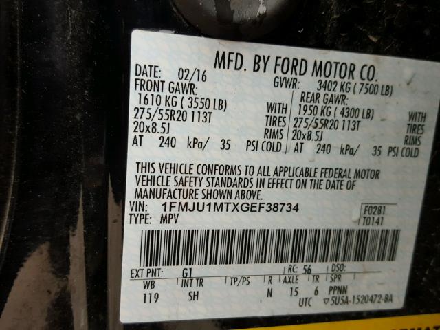 1FMJU1MTXGEF38734 - 2016 FORD EXPEDITION BLACK photo 10