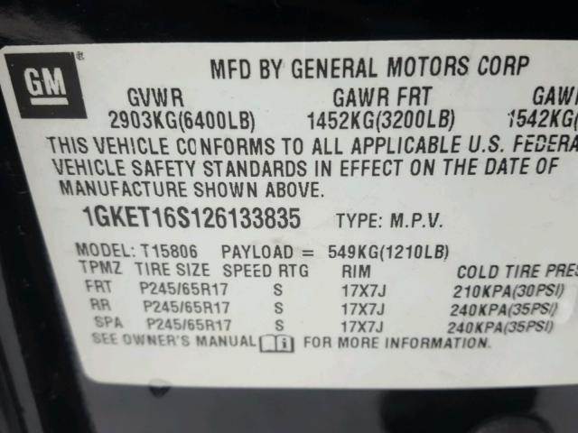 1GKET16S126133835 - 2002 GMC ENVOY XL BLACK photo 10