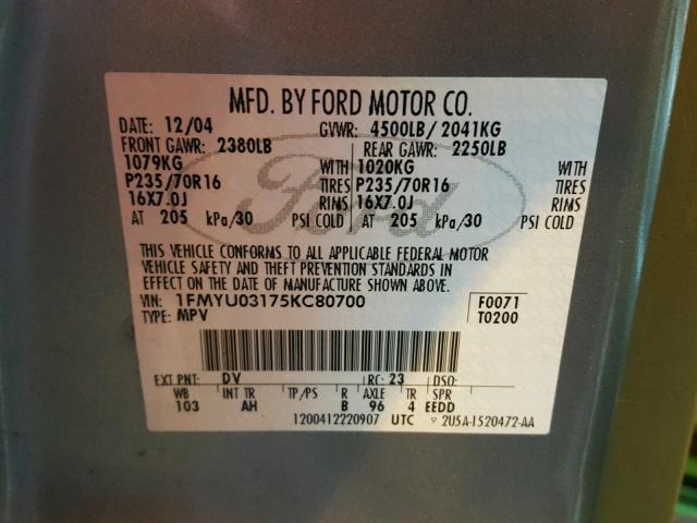 1FMYU03175KC80700 - 2005 FORD ESCAPE XLT GRAY photo 10