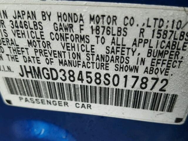 JHMGD38458S017872 - 2008 HONDA FIT BLUE photo 10