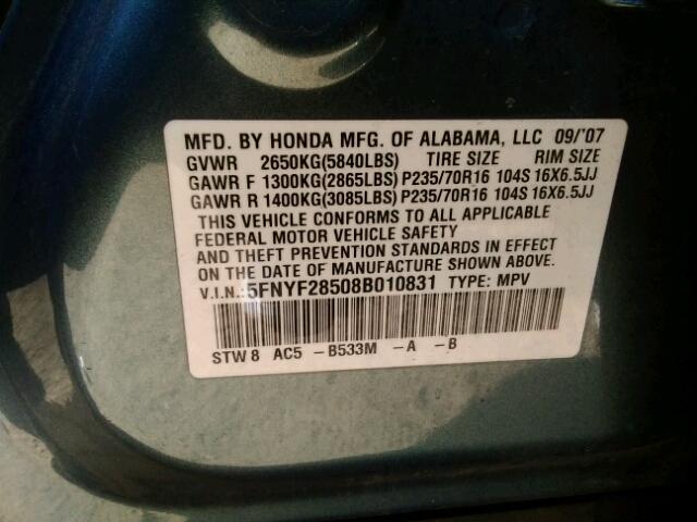 5FNYF28508B010831 - 2008 HONDA PILOT EXL BLUE photo 10