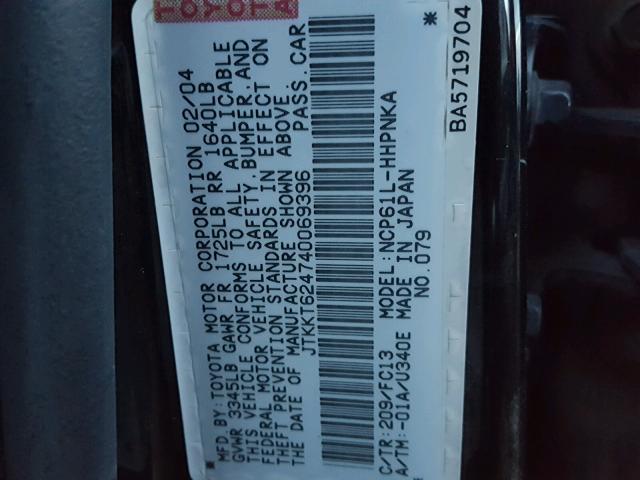 JTKKT624740069396 - 2004 TOYOTA SCION XA BLACK photo 10