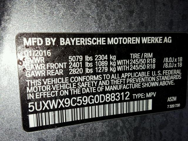 5UXWX9C59G0D88312 - 2016 BMW X3 XDRIVE2 Szary zdjęcie 10