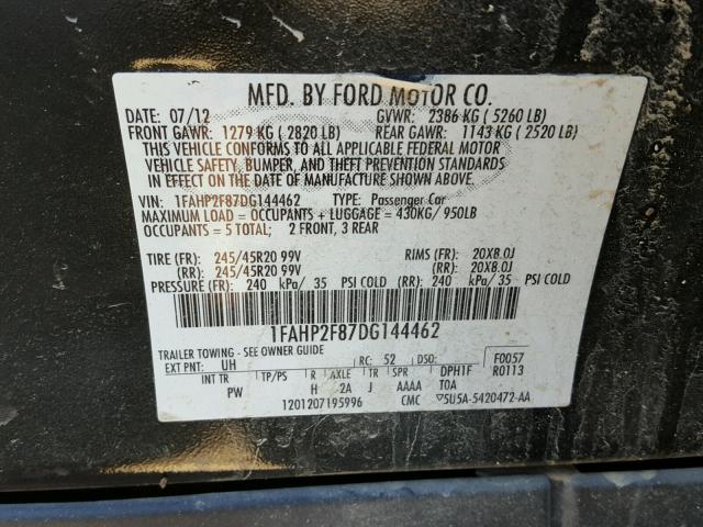 1FAHP2F87DG144462 - 2013 FORD TAURUS LIM BLACK photo 10