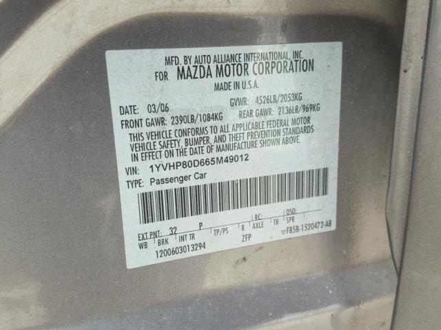 1YVHP80D665M49012 - 2006 MAZDA 6 S GRAY photo 10