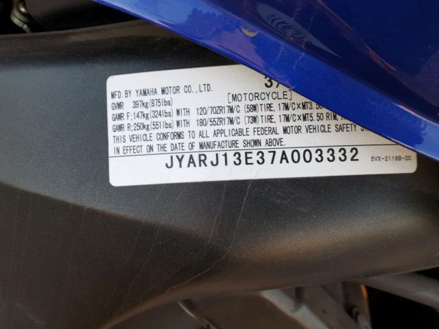 JYARJ13E37A003332 - 2007 YAMAHA FZ6 SHG BLUE photo 10