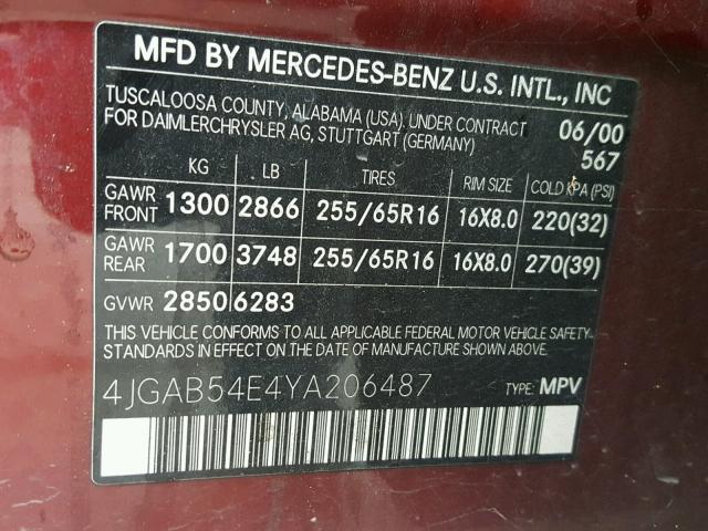 4JGAB54E4YA206487 - 2000 MERCEDES-BENZ ML 320 BURGUNDY photo 10