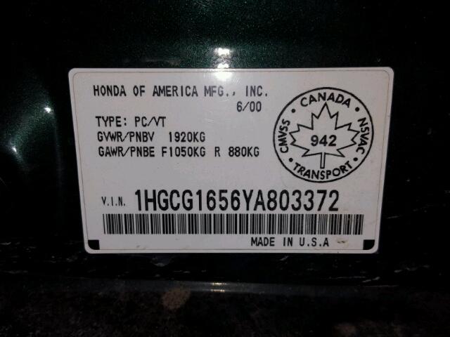 1HGCG1656YA803372 - 2000 HONDA ACCORD EX GREEN photo 10