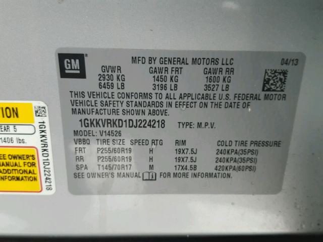 1GKKVRKD1DJ224218 - 2013 GMC ACADIA SLT SILVER photo 10