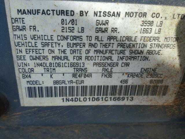 1N4DL01D61C166913 - 2001 NISSAN ALTIMA XE GREEN photo 10