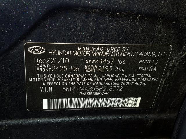 5NPEC4AB9BH218772 - 2011 HYUNDAI SONATA SE BLUE photo 10