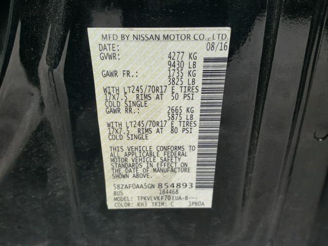 5BZAF0AA5GN854893 - 2016 NISSAN NV 3500 BLACK photo 10