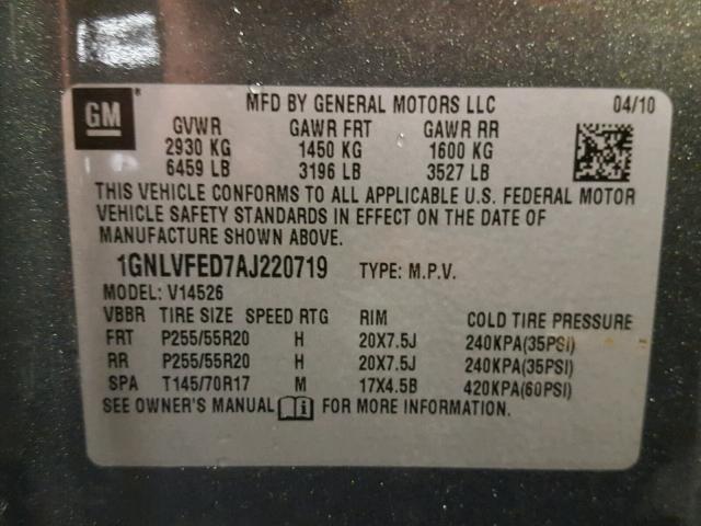 1GNLVFED7AJ220719 - 2010 CHEVROLET TRAVERSE L GRAY photo 10