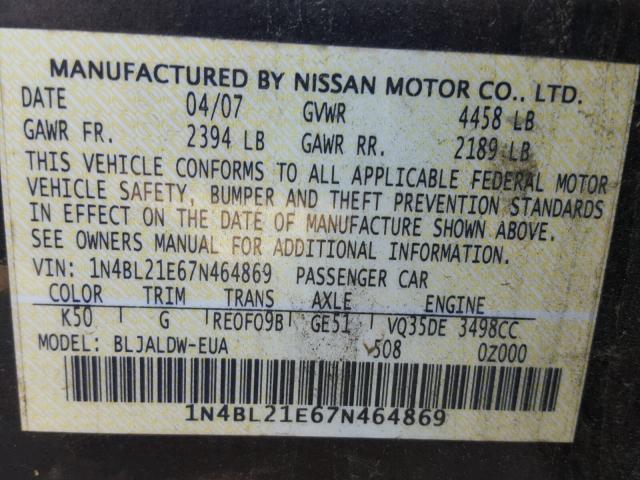 1N4BL21E67N464869 - 2007 NISSAN ALTIMA 3.5 GRAY photo 10