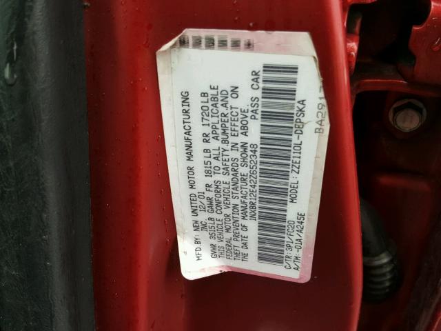 1NXBR12E42Z652348 - 2002 TOYOTA COROLLA CE RED photo 10