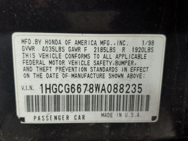 1HGCG6678WA088235 - 1998 HONDA ACCORD EX PURPLE photo 10