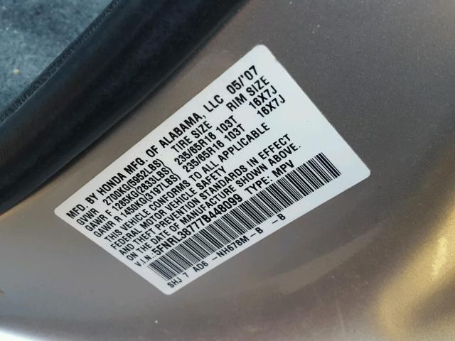 5FNRL38777B448099 - 2007 HONDA ODYSSEY EX SILVER photo 10