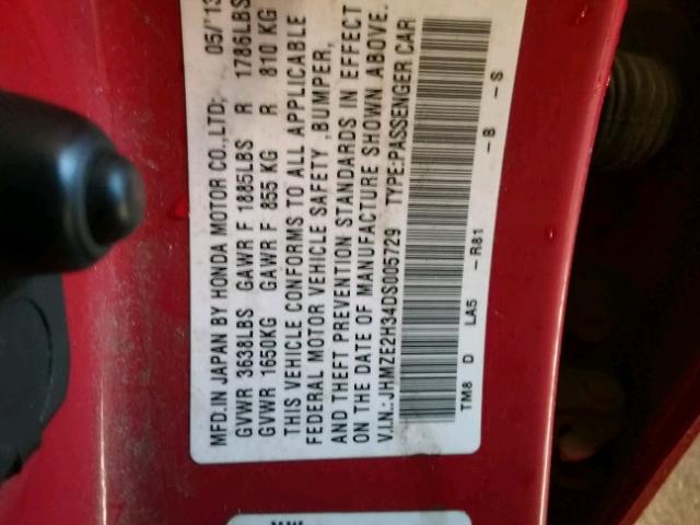 JHMZE2H34DS005729 - 2013 HONDA INSIGHT RED photo 10