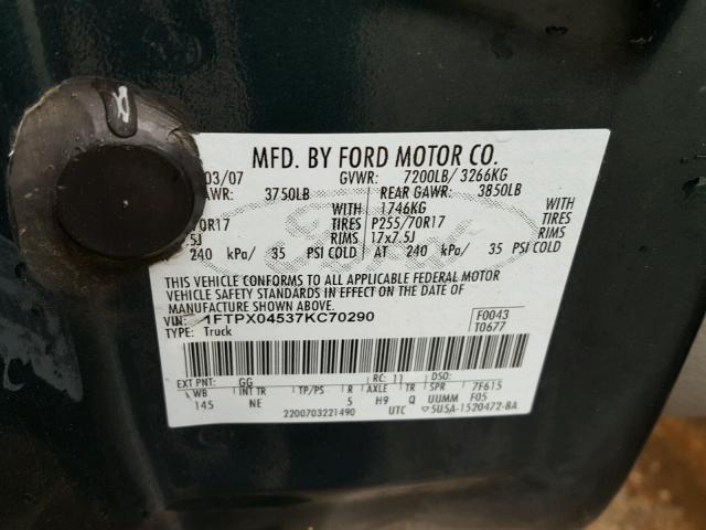 1FTPX04537KC70290 - 2007 FORD F150 GREEN photo 10