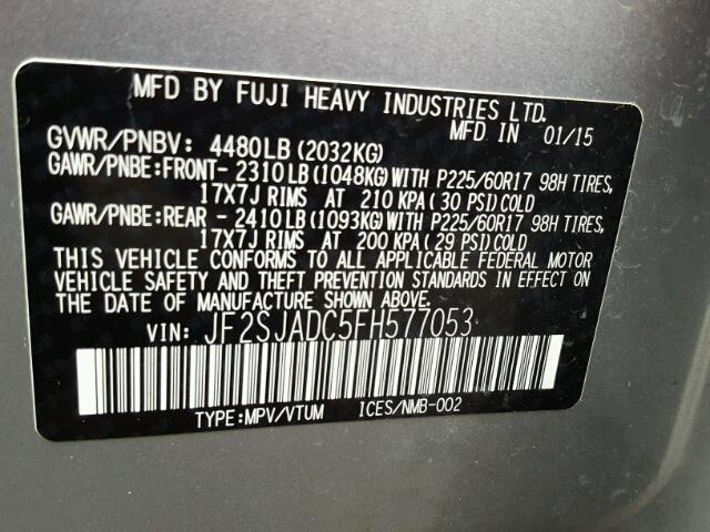 JF2SJADC5FH577053 - 2015 SUBARU FORESTER 2 GRAY photo 10