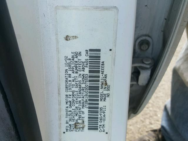 JT2BK18U030075553 - 2003 TOYOTA PRIUS WHITE photo 10