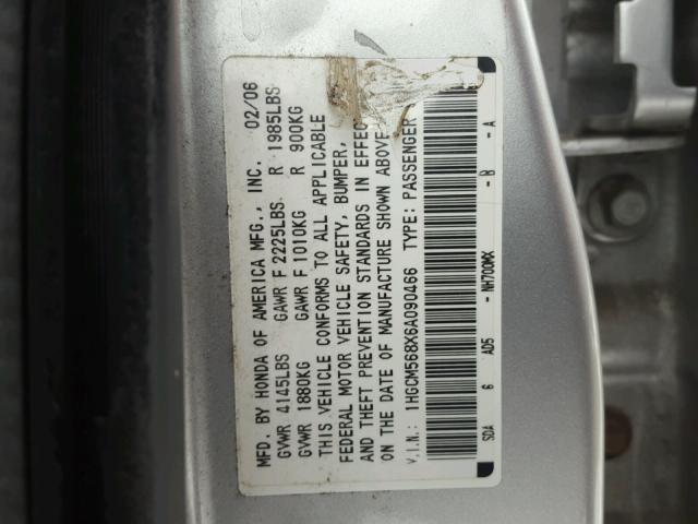 1HGCM568X6A090466 - 2006 HONDA ACCORD EX SILVER photo 10