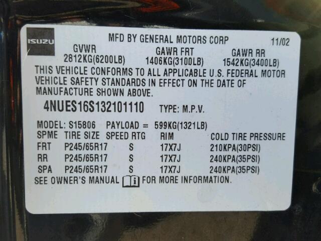 4NUES16S132101110 - 2003 ISUZU ASCENDER S 黑色 照片 10