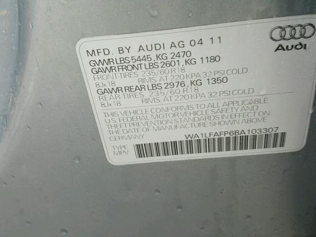 WA1LFAFP6BA103307 - 2011 AUDI Q5 PREMIUM GRAY photo 10