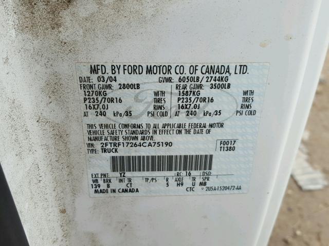 2FTRF17264CA75190 - 2004 FORD F-150 HERI WHITE photo 10