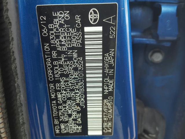 JTDKDTB33C1013524 - 2012 TOYOTA PRIUS C BLUE photo 10