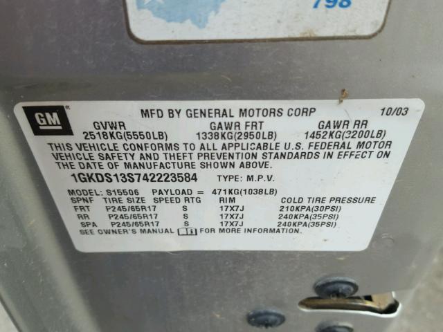 1GKDS13S742223584 - 2004 GMC ENVOY SILVER photo 10