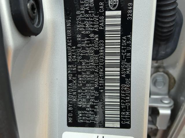 4T1BF1FK7EU398633 - 2014 TOYOTA CAMRY L SILVER photo 10