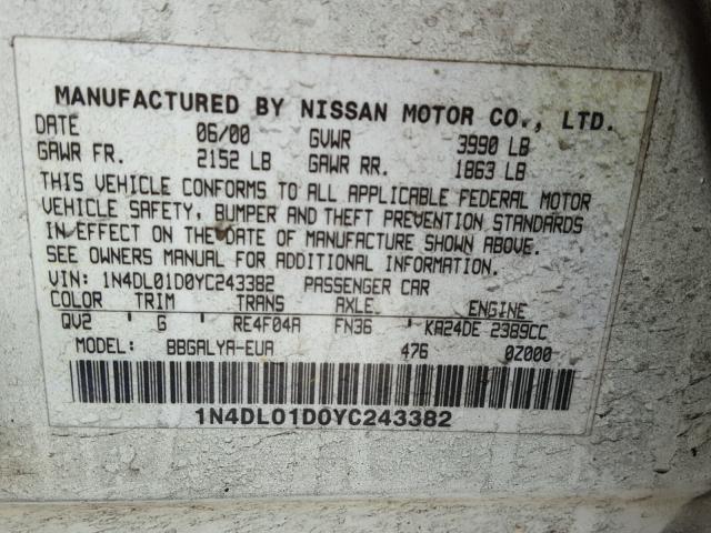 1N4DL01D0YC243382 - 2000 NISSAN ALTIMA XE WHITE photo 10