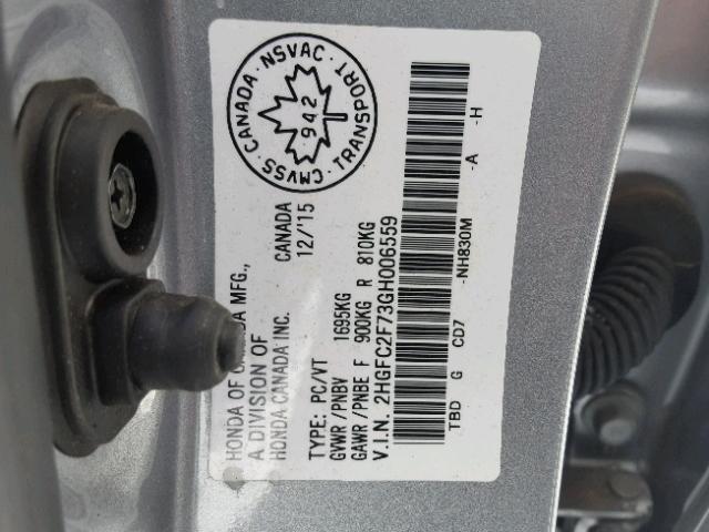 2HGFC2F73GH006559 - 2016 HONDA CIVIC EX ვერცხლისფერი ფოტო 10