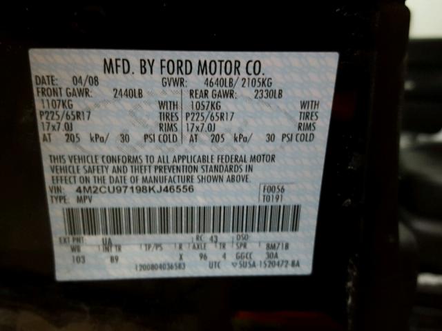 4M2CU97198KJ46556 - 2008 MERCURY MARINER PR BLACK photo 10