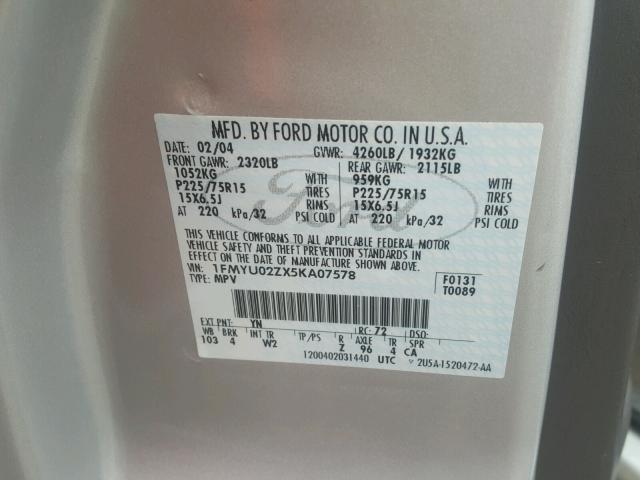 1FMYU02ZX5KA07578 - 2005 FORD ESCAPE XLS SILVER photo 10