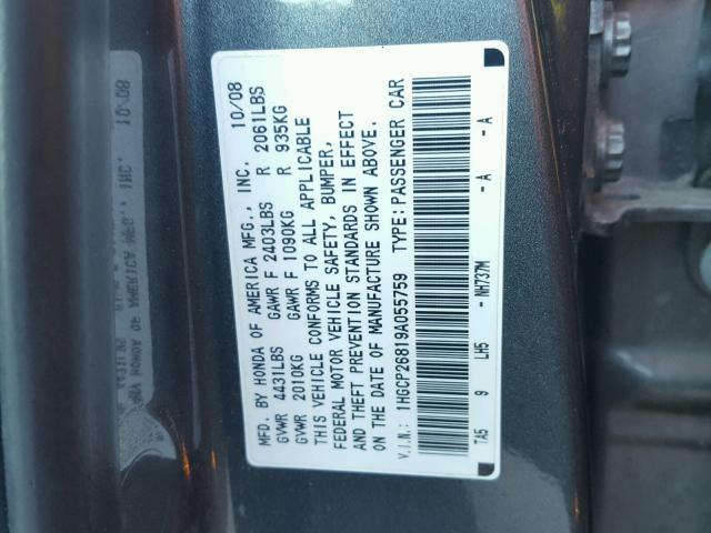 1HGCP26819A055759 - 2009 HONDA ACCORD EXL GRAY photo 10