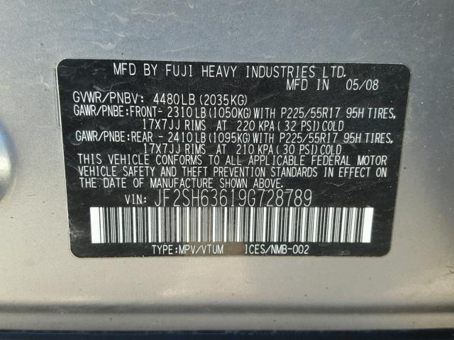 JF2SH63619G728789 - 2009 SUBARU FORESTER 2 SILVER photo 10