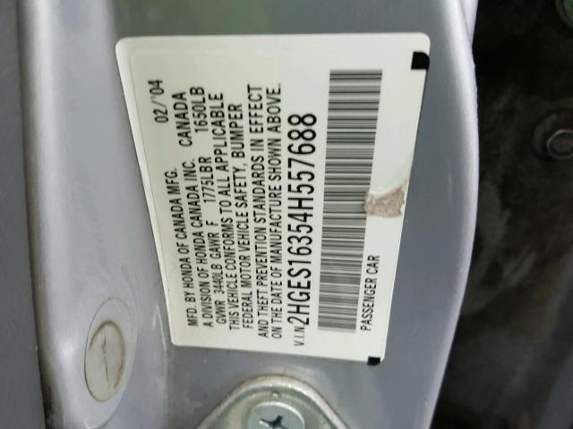 2HGES16354H557688 - 2004 HONDA CIVIC DX V SILVER photo 10